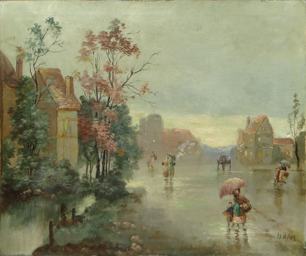 20th Century Oil on Canvas "Springtime Walk in the Rain" Signed Lower Right perhaps H