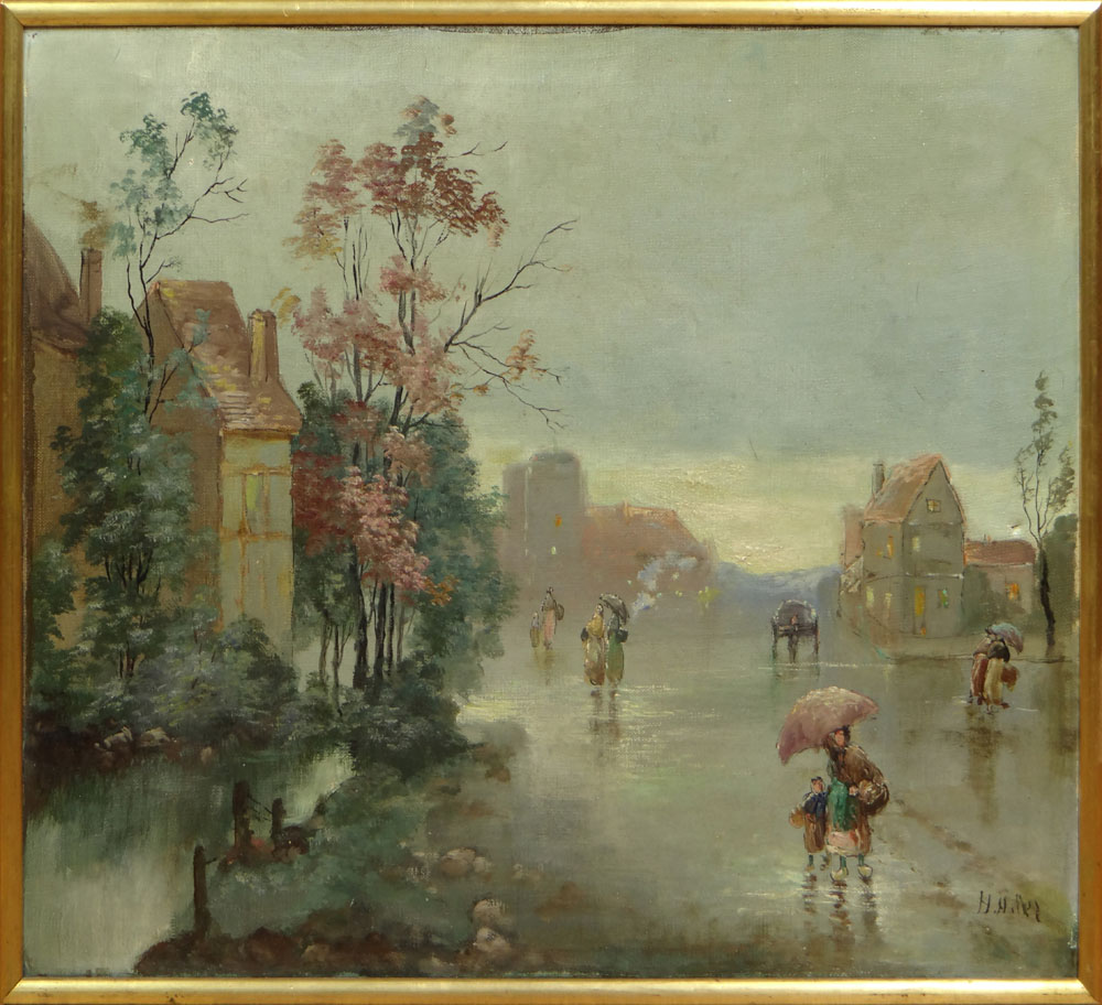 20th Century Oil on Canvas "Springtime Walk in the Rain" Signed Lower Right perhaps H