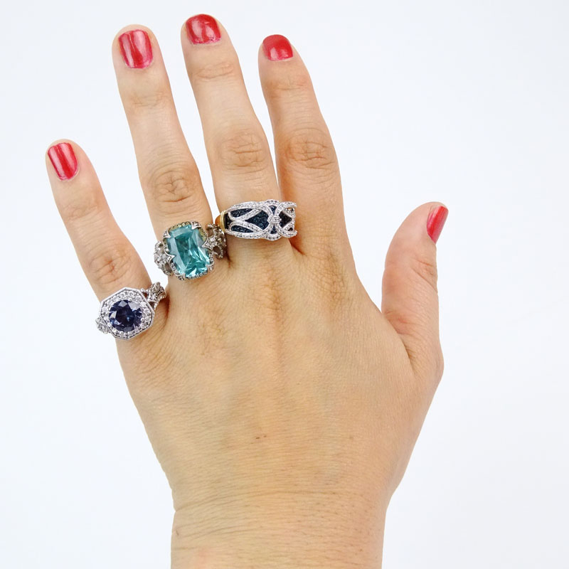 Grouping of Three (3) Sterling Silver CZ and Gemstone Rings