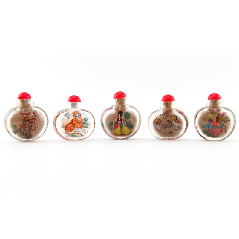 Grouping of Five (5) Vintage Chinese Reverse Painted Snuff Bottles