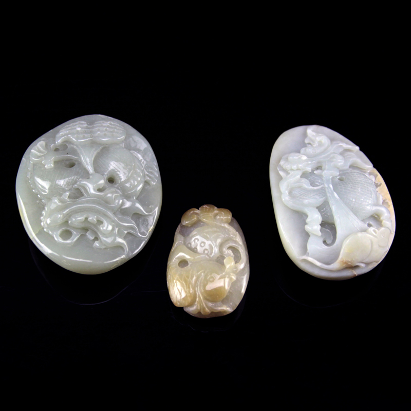 Three (3) Vintage Chinese Carved Jade Pebble Pendants
