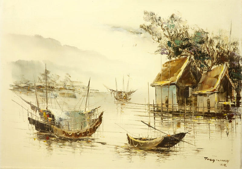 Two Vintage Mid Century Decorative Oil on Canvas Paintings "Chinese Boats" Signed Tony Wang HK