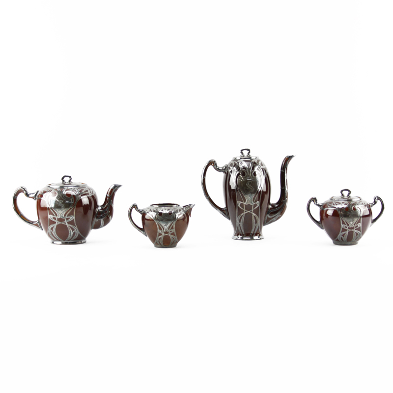 Art Nouveau Four (4) Piece Silver Overlay Pottery "S"