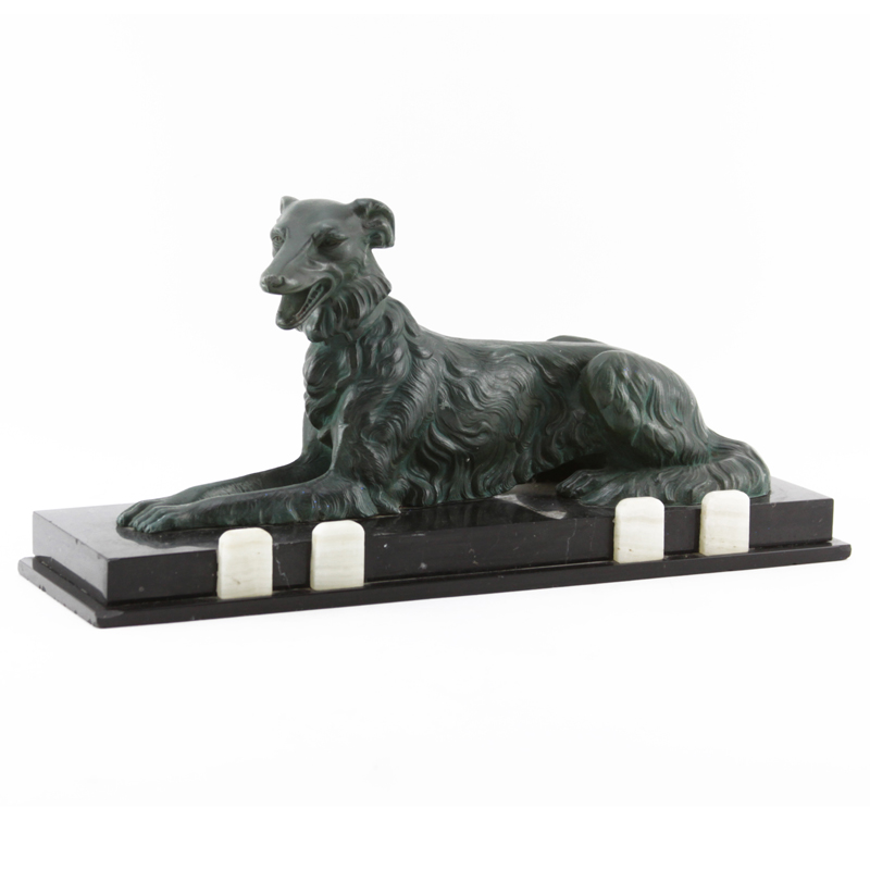 Art Deco Style Patinated French Metal Dog Figurine on Marble Base