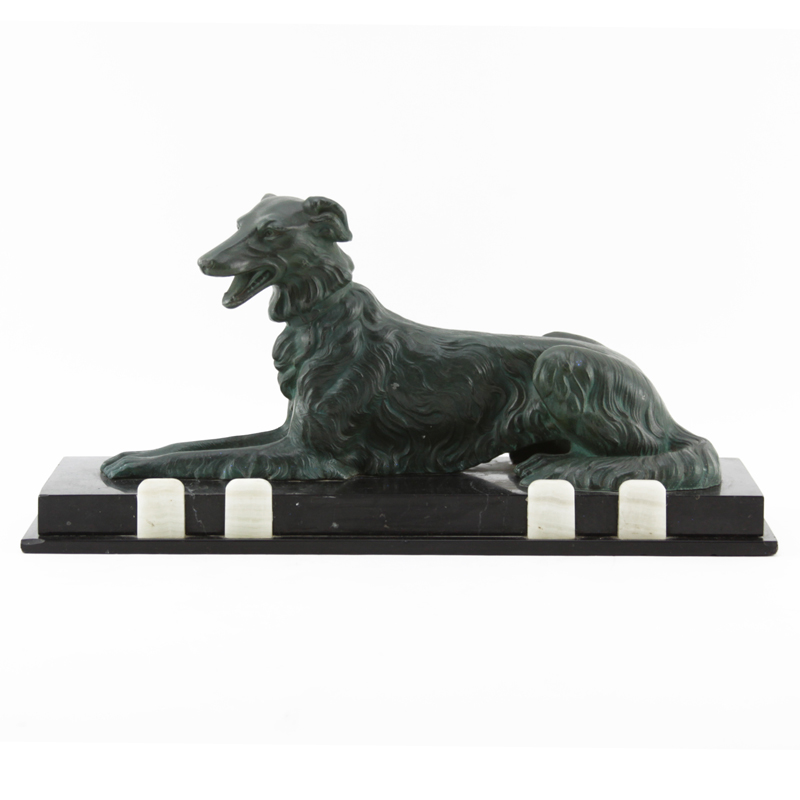 Art Deco Style Patinated French Metal Dog Figurine on Marble Base