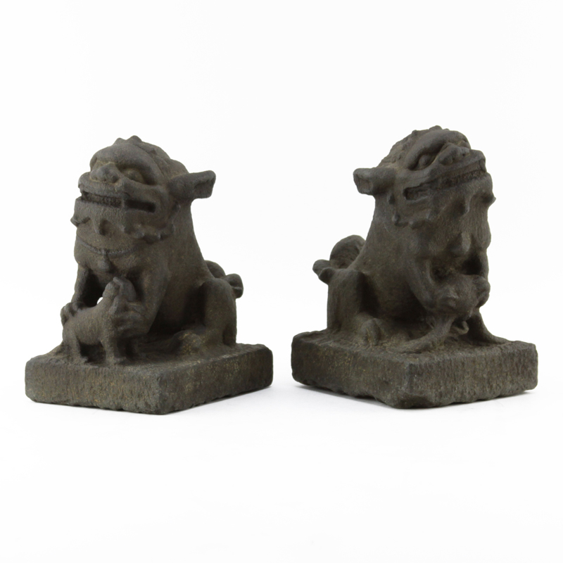 Pair of Early Carved Stone Foo Dog Bookends