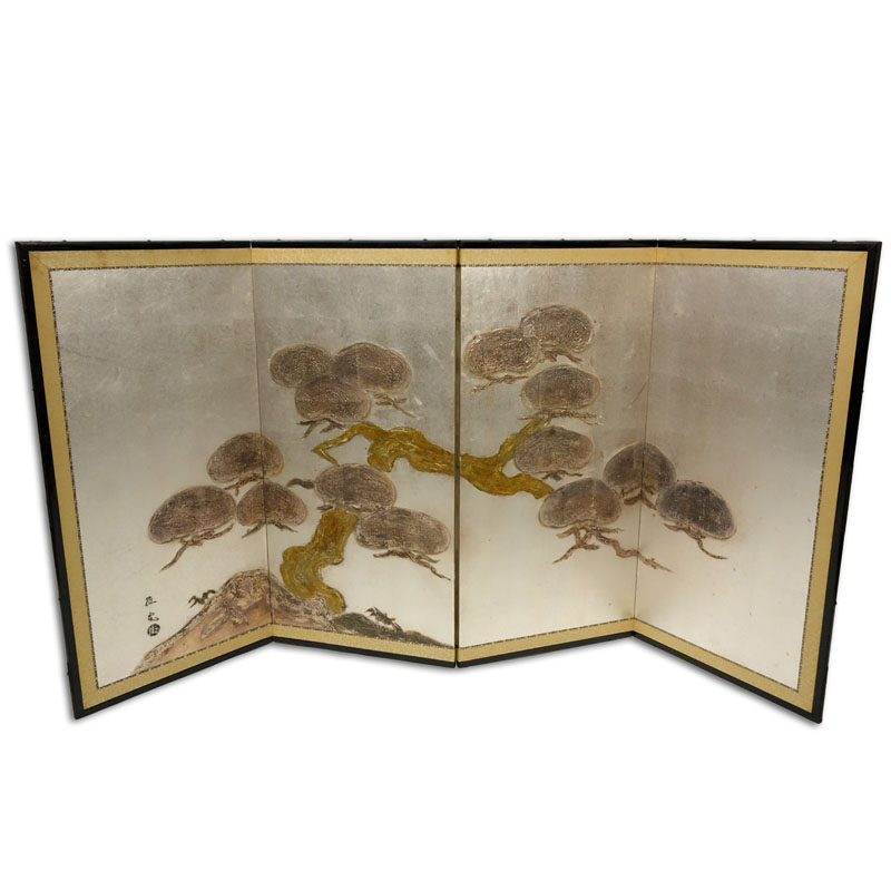 Antique Japanese 4-Panel Silvered and Gold Leaf Painted Screen