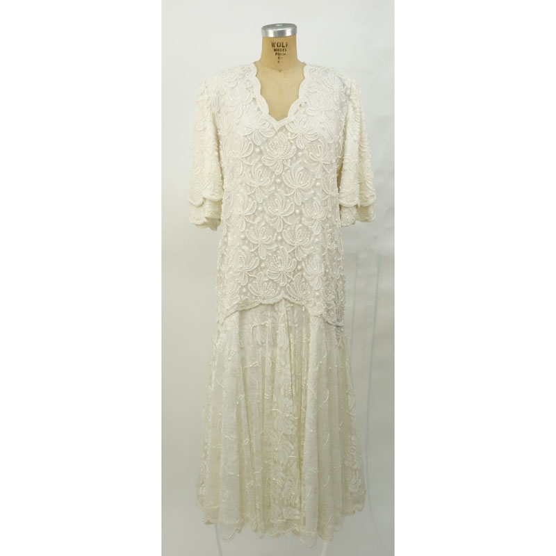 Vintage Ivory Color Beaded and Sequined Evening Dress