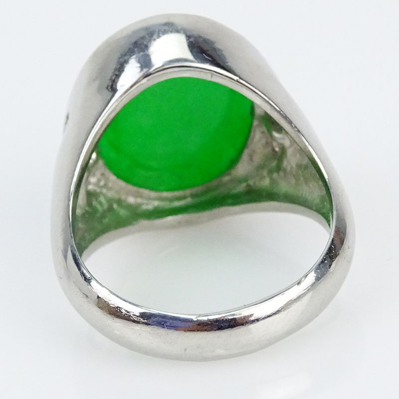 Man's Vintage Cabochon Jade and Platinum Ring accented with Small Round Cut Diamonds