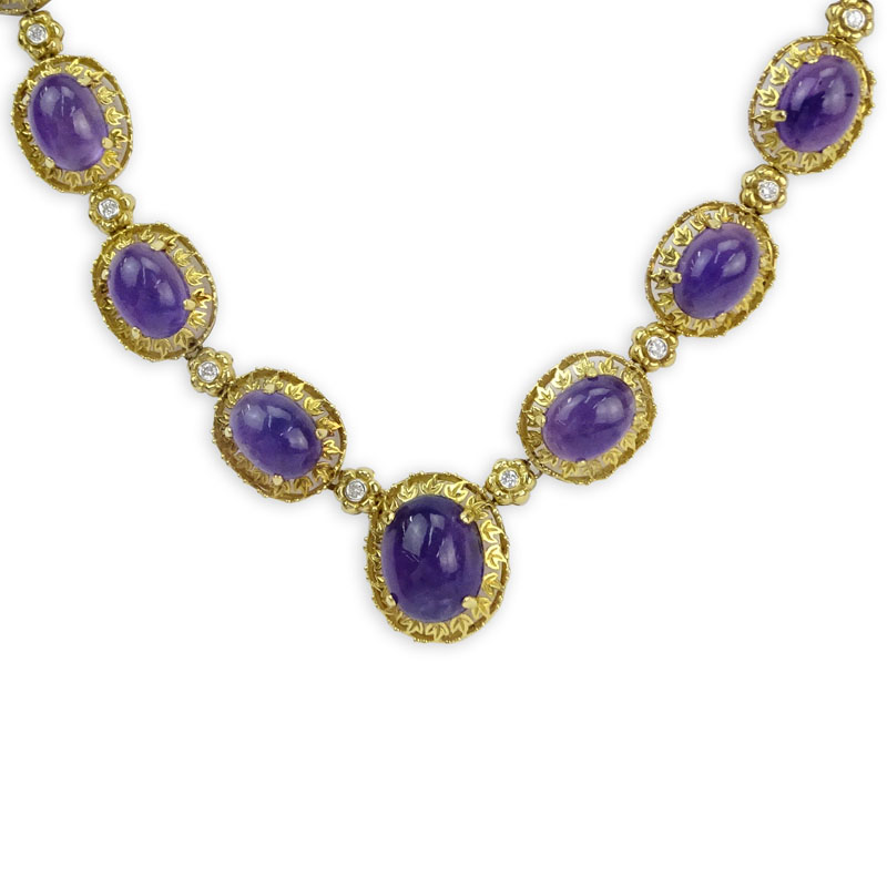 Vintage Sixteen (16) Graduated Cabochon Amethyst and 18 Karat Yellow Gold Necklace with Diamond Accents