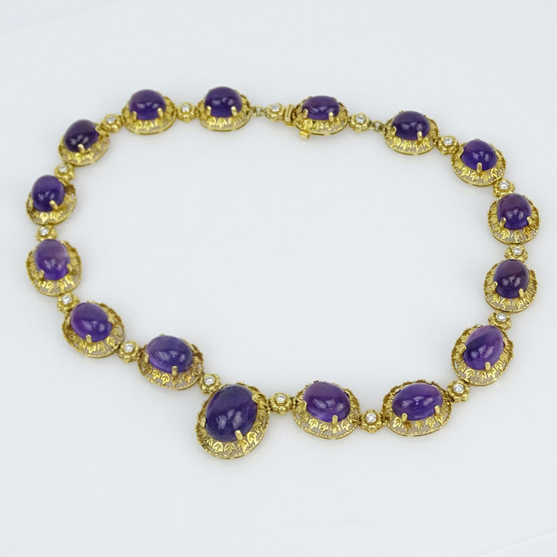 Vintage Sixteen (16) Graduated Cabochon Amethyst and 18 Karat Yellow Gold Necklace with Diamond Accents