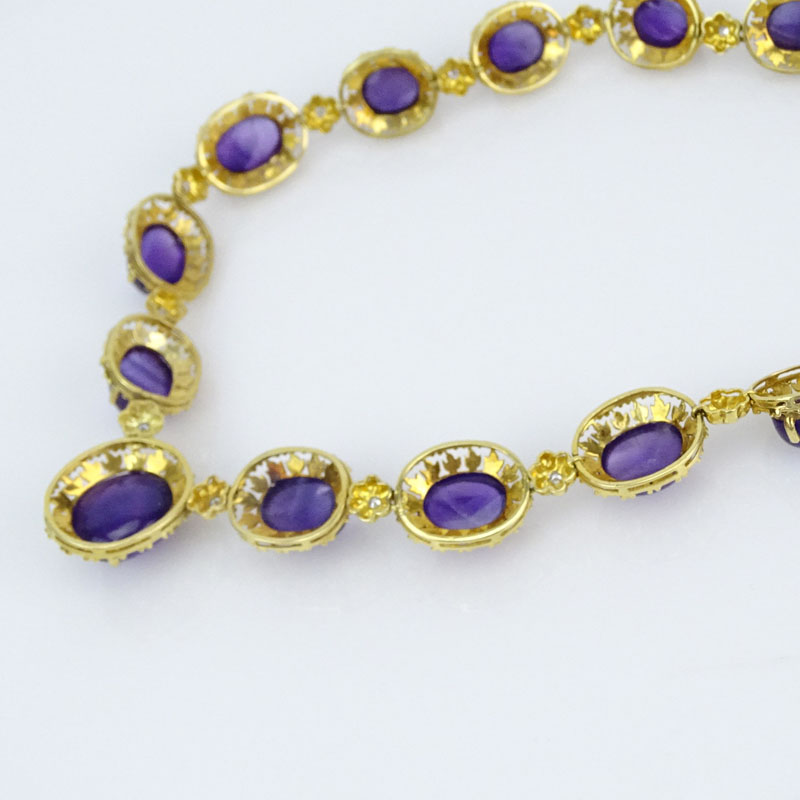 Vintage Sixteen (16) Graduated Cabochon Amethyst and 18 Karat Yellow Gold Necklace with Diamond Accents