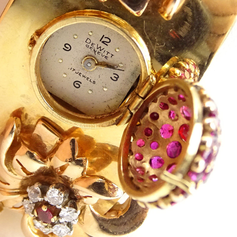 Retro 14 Karat Rose Gold, Ruby and Diamond Hinged Cuff Bangle Bracelet with De Witt, Geneva 17 Jewel Manual Movement Watch