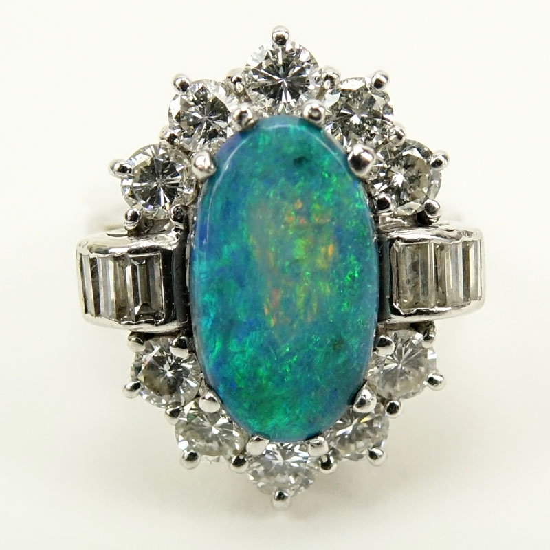 Oval Cabochon Black Opal, Approx. 2.0 Carat Diamond and Platinum Ring