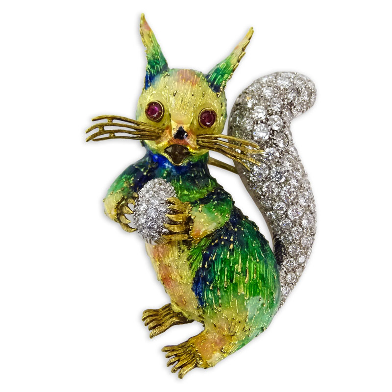  8.0 Carat Round Brilliant Cut Diamond, 18 Karat White Gold, Enameled 18 Karat Yellow Gold Squirrel Brooch