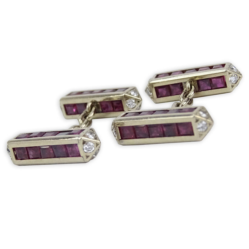  9.0 Carat Square Cut Ruby, 1.0 Carat Round Cut Diamond and 18 Karat White Gold Cufflinks