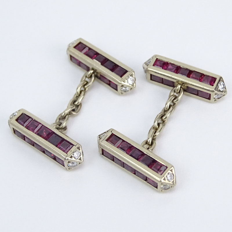  9.0 Carat Square Cut Ruby, 1.0 Carat Round Cut Diamond and 18 Karat White Gold Cufflinks