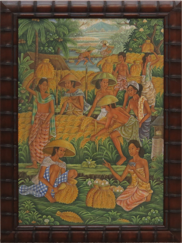Balinese Oil On Canvas Laid on Cardboard "Harvest"