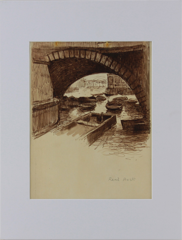 René (Ribet) Berti, Italian (1884-1939) Brown Ink on tan paper "Parisian Canal Scene" Signed in pencil lower right