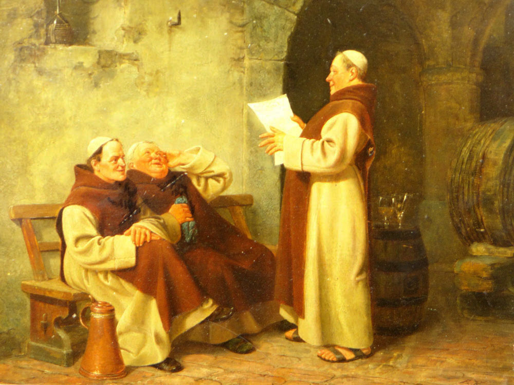 August Kraus German (1852-1917) Oil on Wood Panel "Monks in the Wine Cellar Discussing a Newspaper Article"