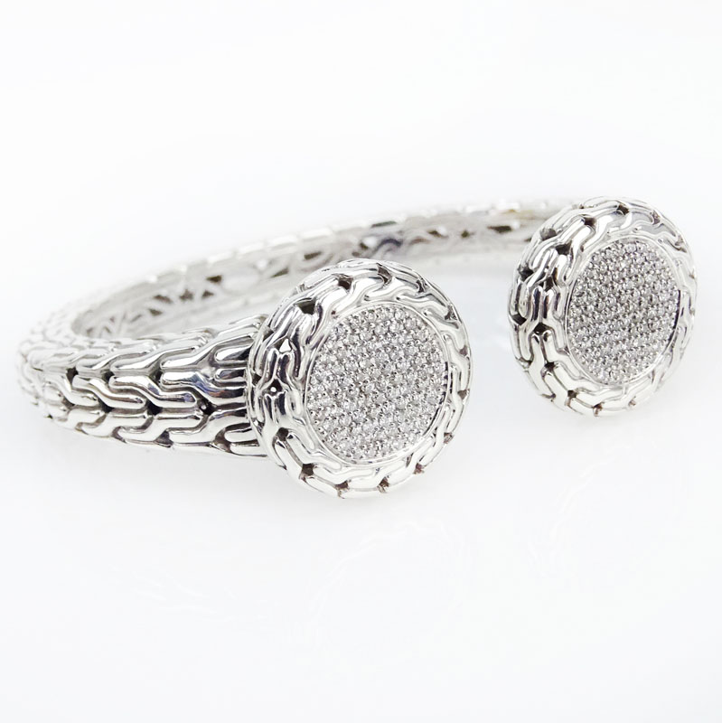 John Hardy Sterling Silver, 18 Karat White Gold and Pave Set Diamond Hinged Cuff Bracelet