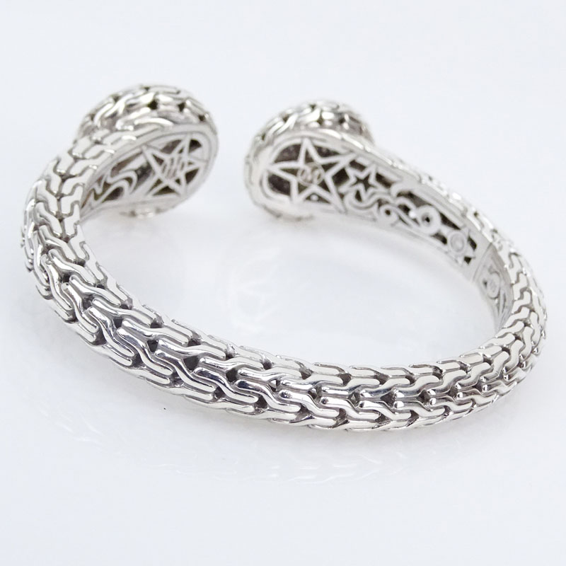 John Hardy Sterling Silver, 18 Karat White Gold and Pave Set Diamond Hinged Cuff Bracelet