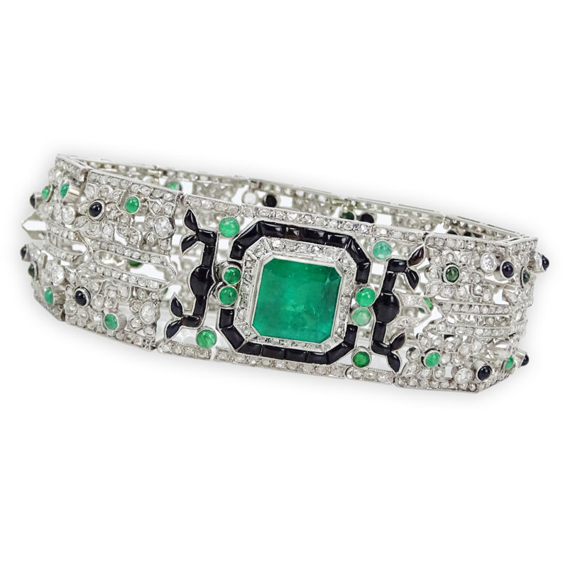 7.75 Carat Colombian Emerald, 15.0 Carat Diamond and Platinum Bracelet. 