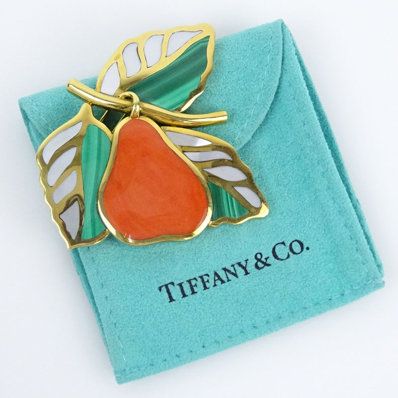 Circa 1980's Tiffany & Co 18 Karat Yellow Gold and Hardstone Pear Brooch with Tiffany Suede Pouch