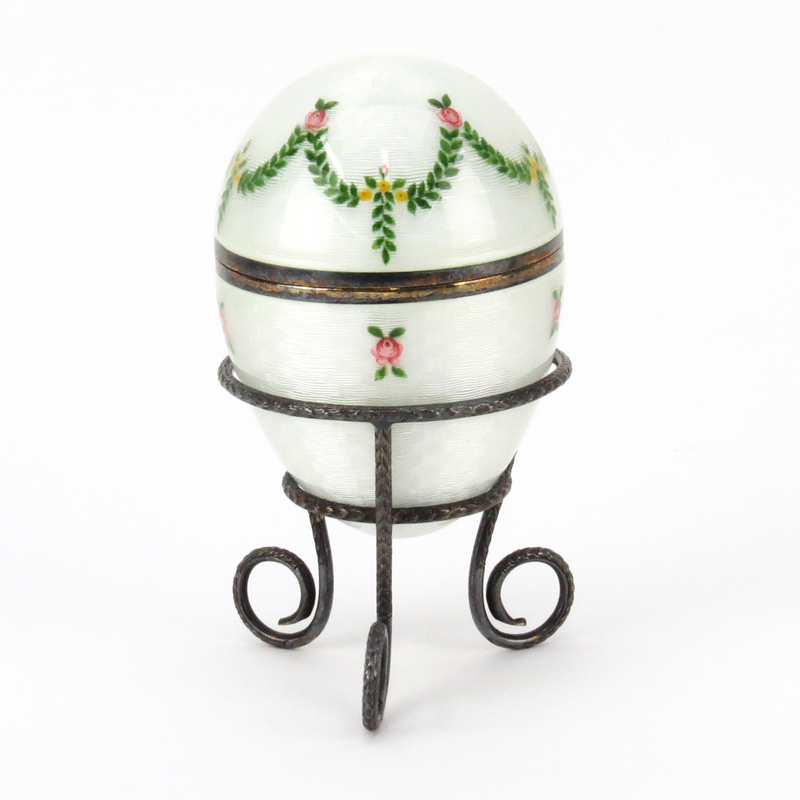 Vintage Italian Guilloche Enamel and Silver Egg Box on Stand