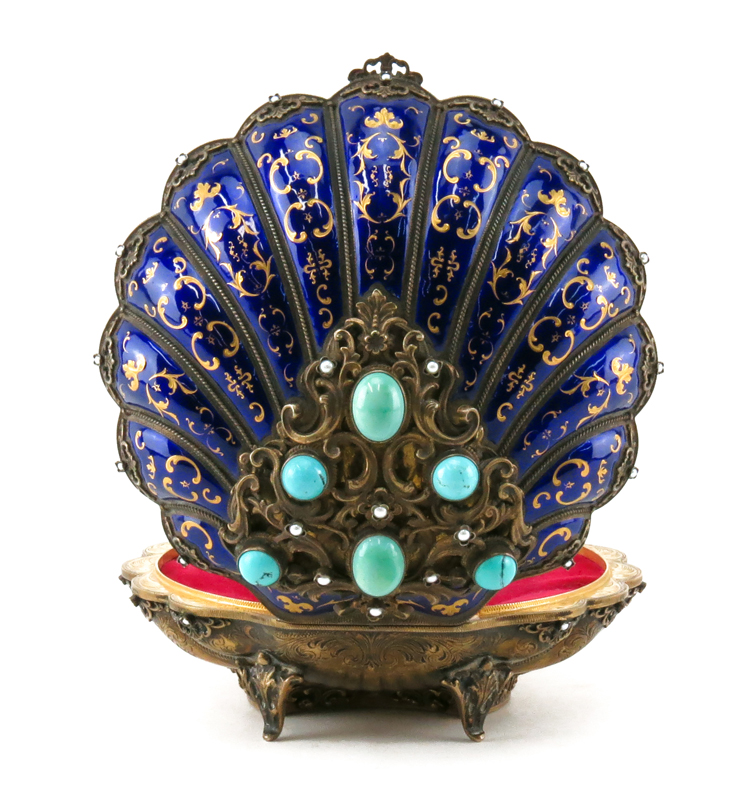 Antique Gold Washed Silver and Enamel Shell Shaped Jewel Box