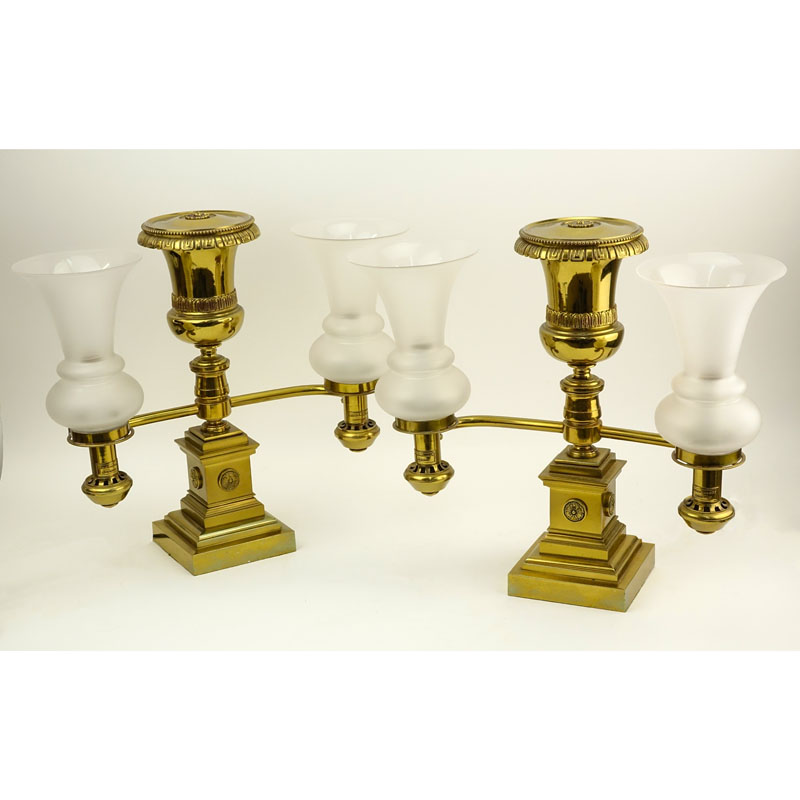 Pair of John B. Jones Boston Brass Two Arm Trophy Style Student Lamps.