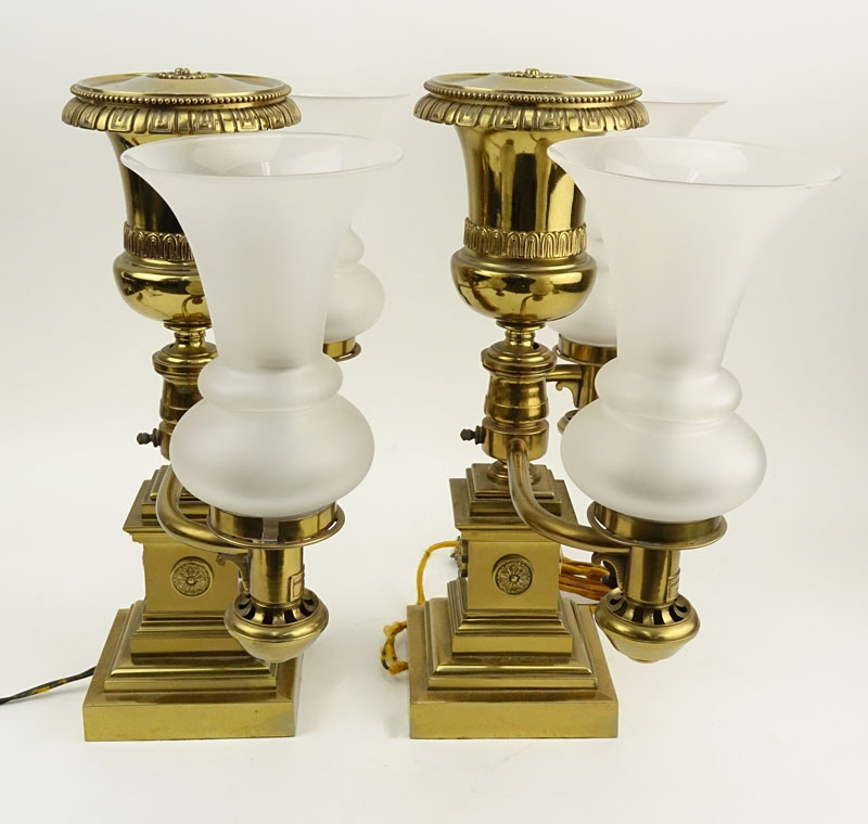 Pair of John B. Jones Boston Brass Two Arm Trophy Style Student Lamps.