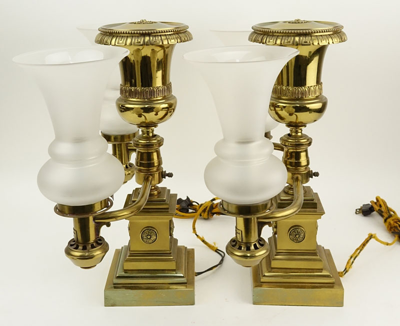 Pair of John B. Jones Boston Brass Two Arm Trophy Style Student Lamps.