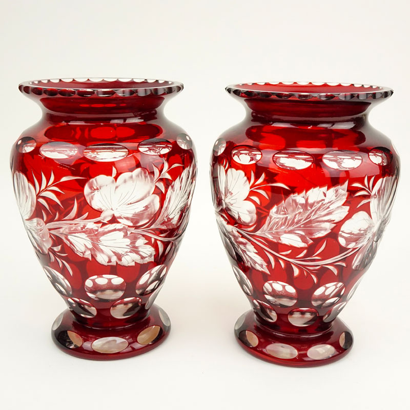 Pair of Bohemian Ruby to Clear Vases