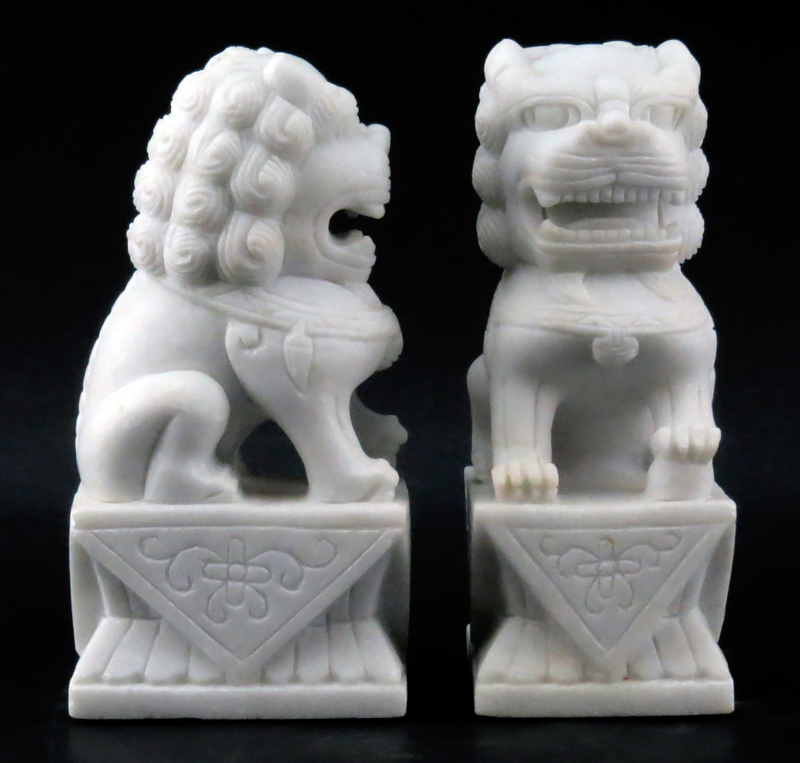 Pair of Mid 20th Century Carved White Marble Foo Dogs