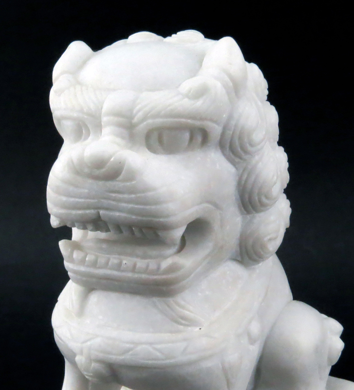 Pair of Mid 20th Century Carved White Marble Foo Dogs