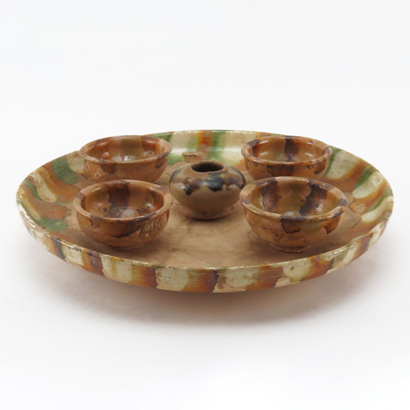 Chinese Tang Dynasty Sancai Glazed Pottery Miniature Bowls and Vessel On Plate