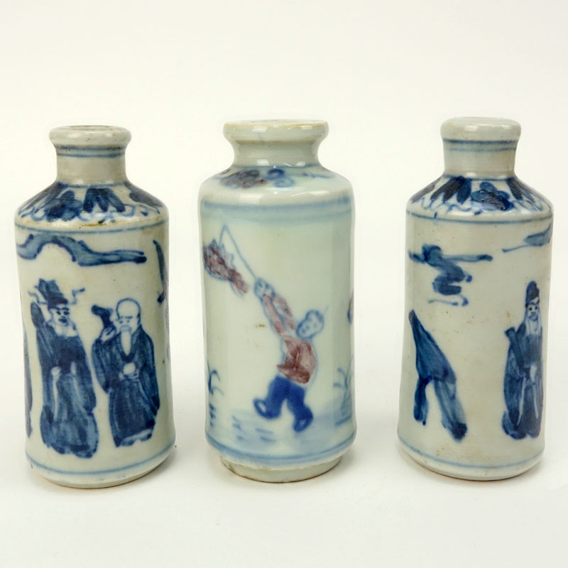 Three (3) 19th Century Chinese Blue and White Porcelain Snuff Bottles