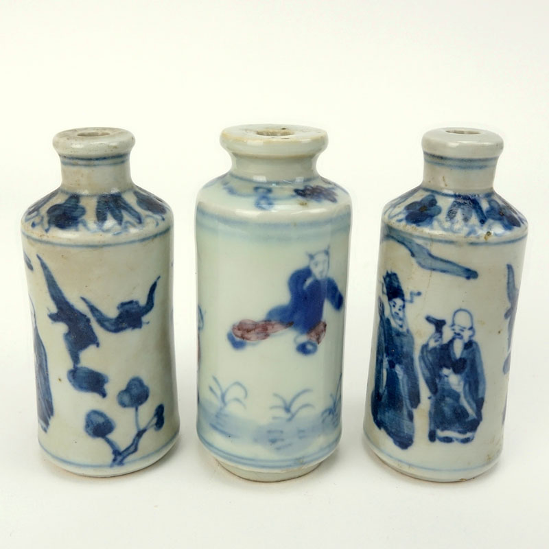 Three (3) 19th Century Chinese Blue and White Porcelain Snuff Bottles