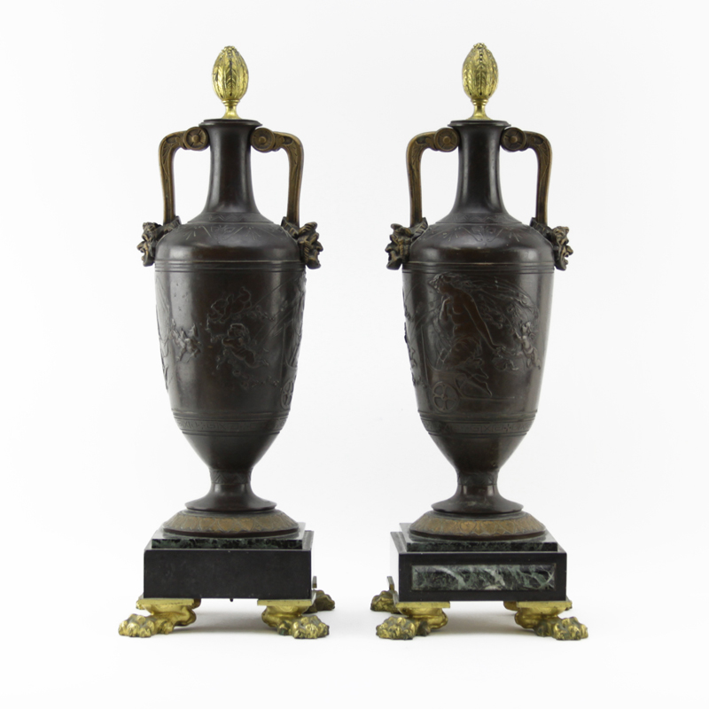 Pair of 19/20th Century Neoclassical Bronze and Marble Urns