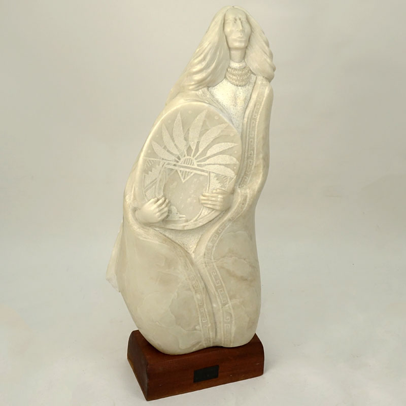 A.P. Martinez, Native American (20th Century) "Pueblo Woman" Marble Sculpture on Wooden Base. 