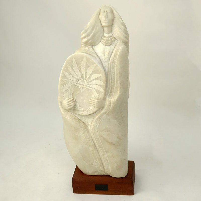 A.P. Martinez, Native American (20th Century) "Pueblo Woman" Marble Sculpture on Wooden Base. 