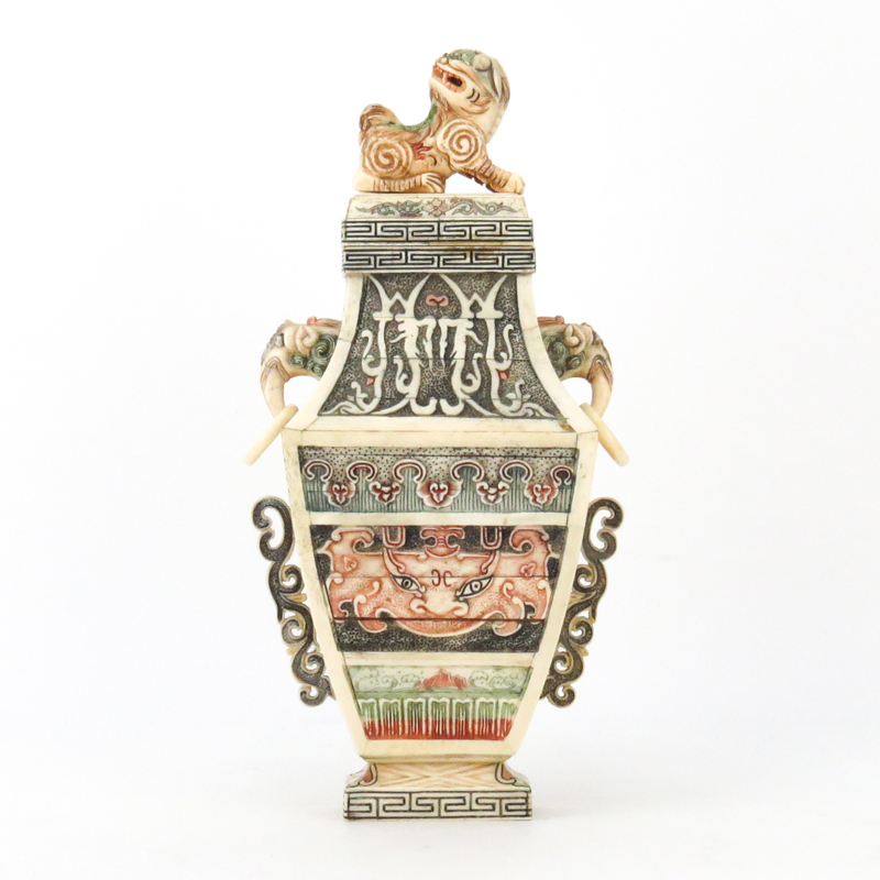 Chinese Carved Bone Polychrome Covered Urn