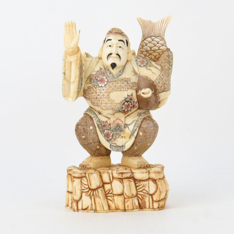 Japanese Carved Bone Polychrome Fisherman Figurine