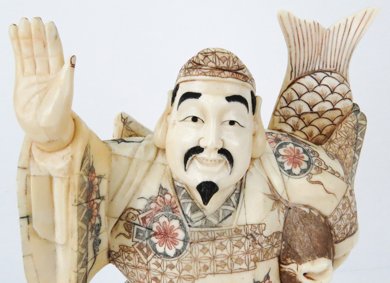 Japanese Carved Bone Polychrome Fisherman Figurine