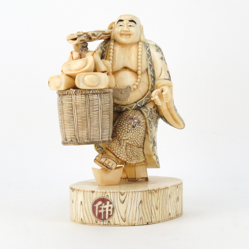 Japanese Carved Bone Polychrome Traveling Buddha Figurine