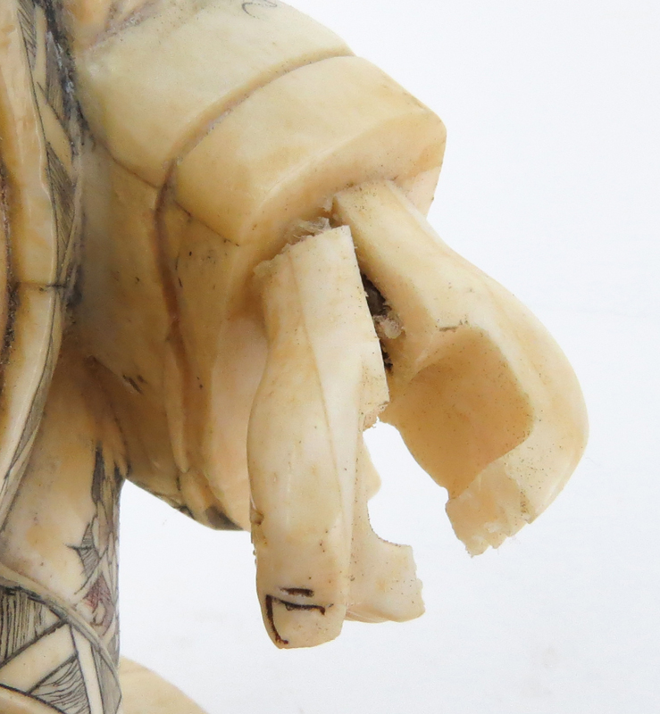 Japanese Carved Bone Polychrome Traveling Buddha Figurine