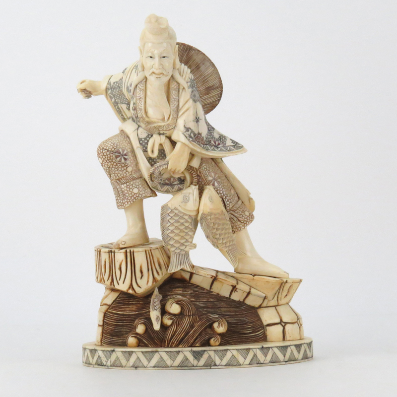 Japanese Carved Bone Polychrome Fisherman Figurine