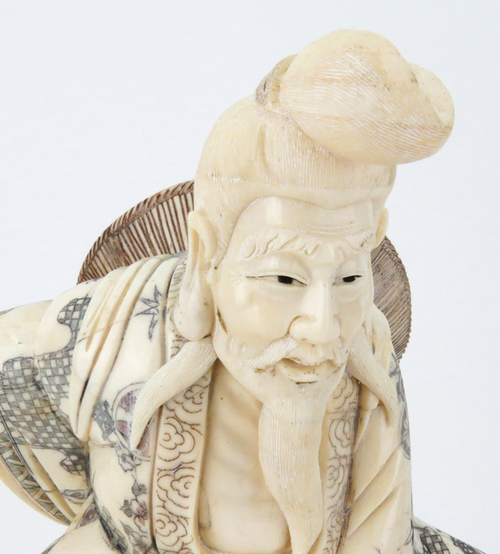 Japanese Carved Bone Polychrome Fisherman Figurine