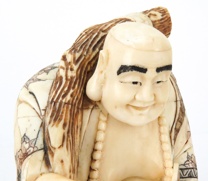 Japanese Carved Bone  Polychrome Hotei Buddha Figurine